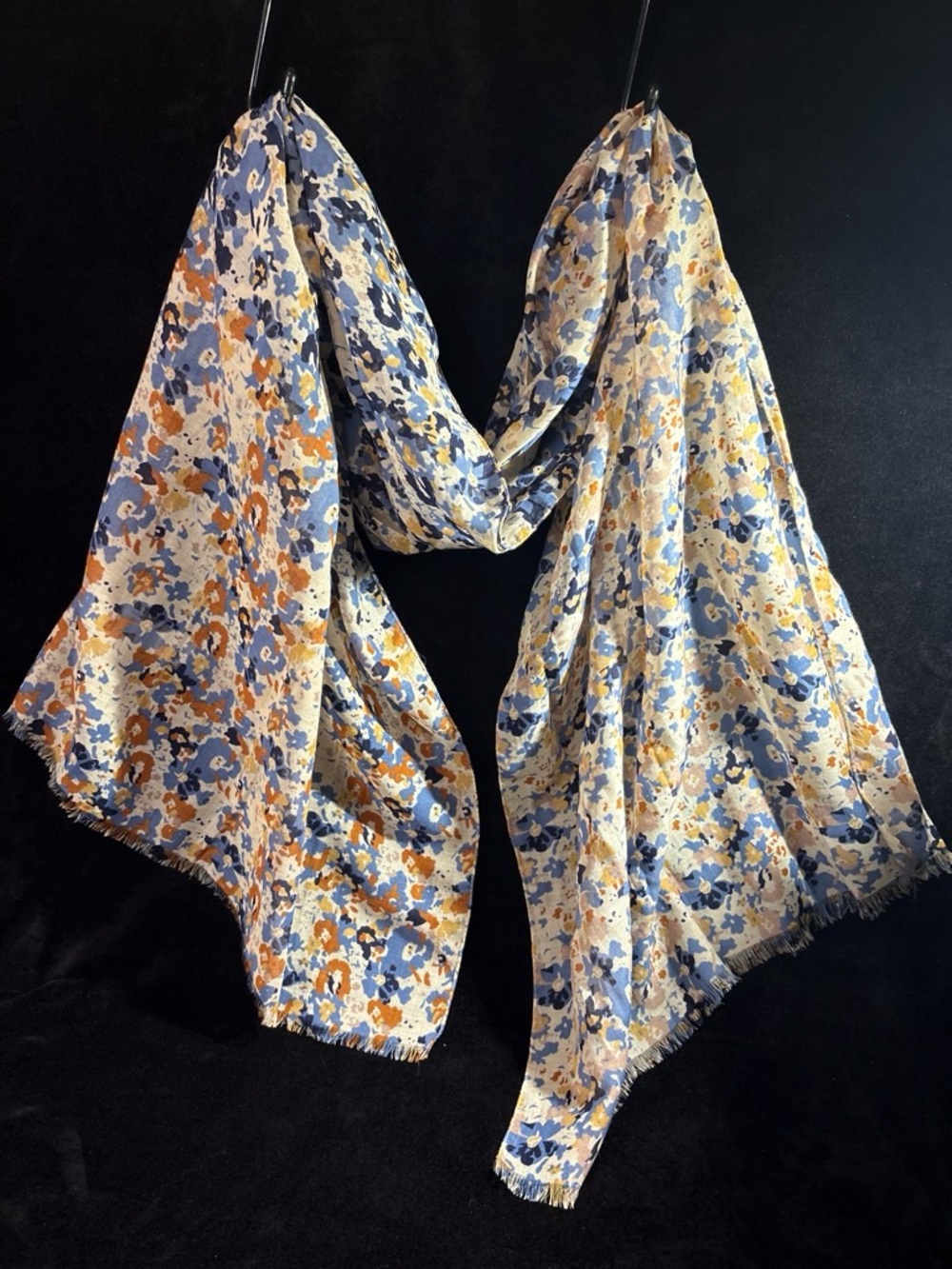 Coldwater Creek Floral Print Eyelash Fringe Scarf OS Blue Ochre Soft Boho EUC